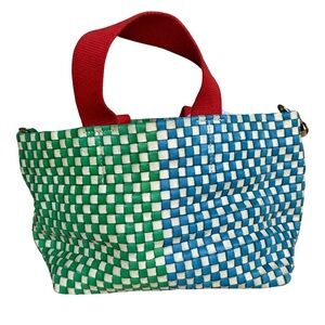 Clare V Petite Bateau Leather Blue & Green Checketed Tote
